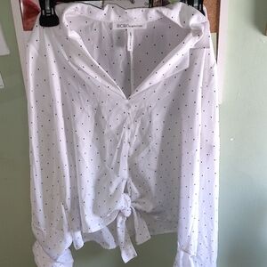 BCBGMaxAzria White Blouse with Black Polka Dots and Front Tie